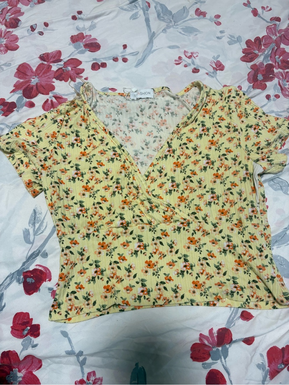 SL Fashions Yellow Floral Wrap-Style Crop Top